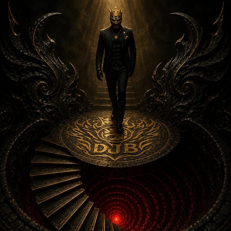 Descent cover art: a crowned figure descending a golden spiral staircase
